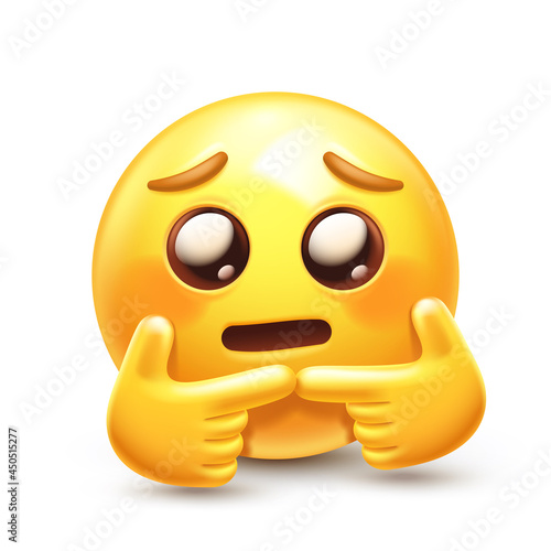 Shy emoji. Nervous emoticon twiddling fingers together. Bashful yellow face with glossy eyes, flushed cheeks and "two fingers touching" gesture 3D stylized vector icon
