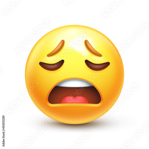 Weary emoji. Wailing emoticon, tired yellow face with frowning mouth 3D stylized vector icon