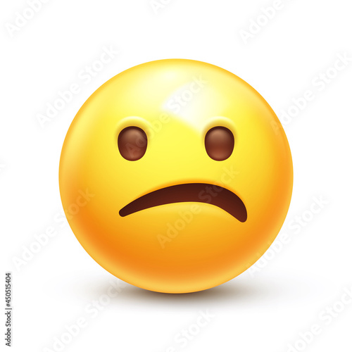 Confused emoji. Nonplussed emoticon with frowned lips. Puzzled yellow face 3D stylized vector icon