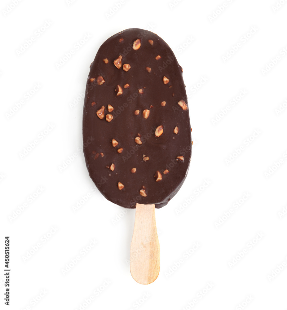 Ice cream glazed in chocolate on white background, top view Ice cream glazed in chocolate on white background, top view