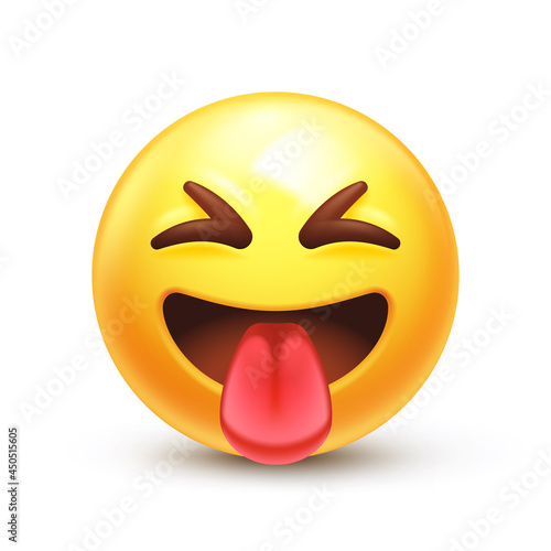 Taunting emoji. Squinting face, grin with tongue out and scrunched eyes 3D stylized vector icon