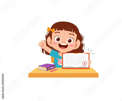 cute little boy feel happy because get good grade from exam