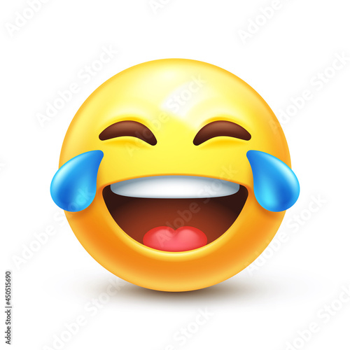 Laughing to tears emoticon. Crying and laugh emoji, tears of joy 3D stylized vector icon photo