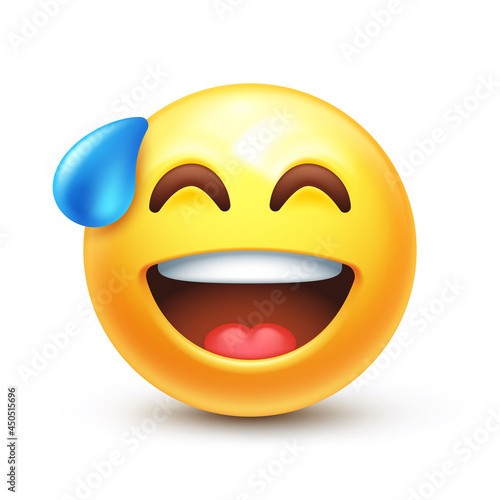 Awkward emoji. Embarrassed laughing emoticon, yellow face with sweat drop 3D stylized vector icon