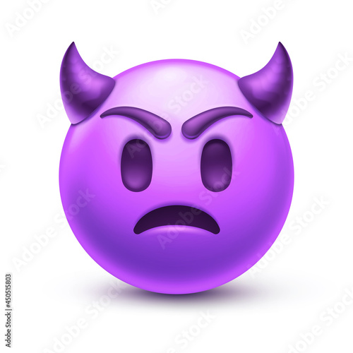 Sad devil emoji. Angry emoticon with horns, frown purple face 3D stylized vector icon