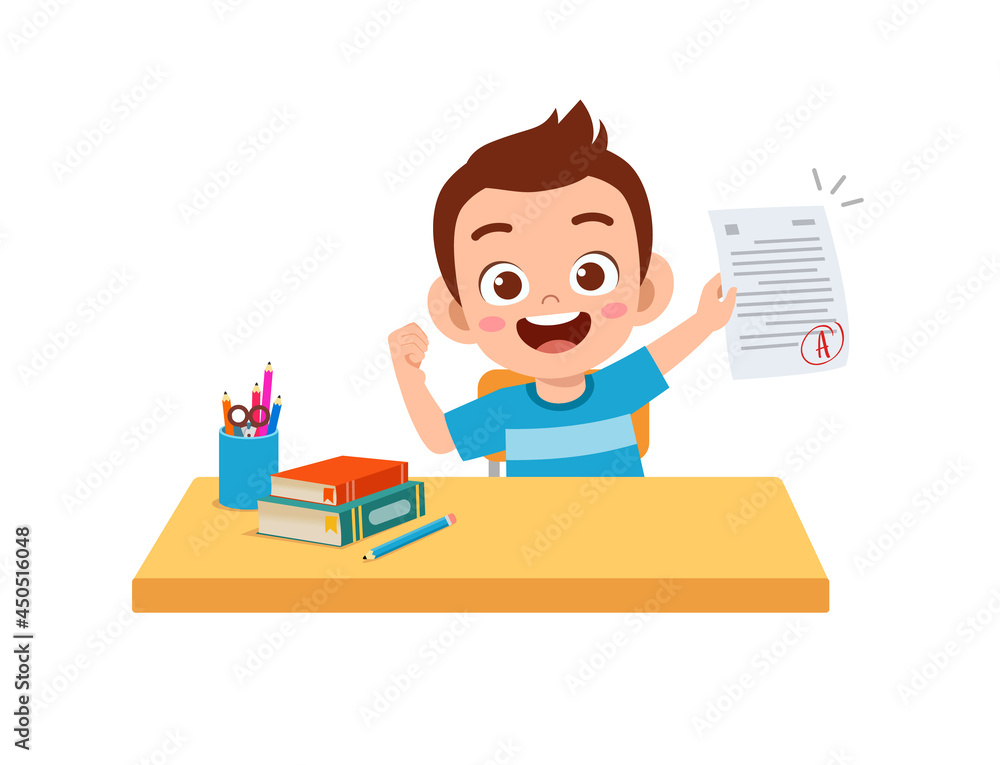 cute little boy feel happy because get good grade from exam cute little boy feel happy because get good grade from exam