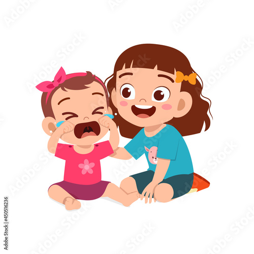 cute little girl try to comfort crying baby sister