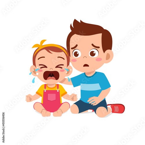 cute little boy try to comfort crying baby sister