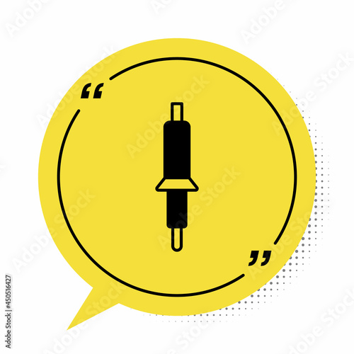 Black Soldering iron icon isolated on white background. Yellow speech bubble symbol. Vector