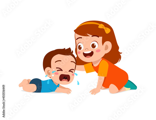 cute little boy try to comfort crying baby brother
