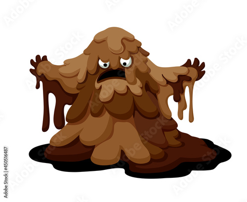 dirty monster from the sewer system, scary smelly poo, lord of the garbage dump, chocolate with palm fat, funny character, color vector illustration isolated on a white background in a cartoon style
