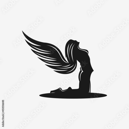 women fly angel logo, award, and wings with silhouette style