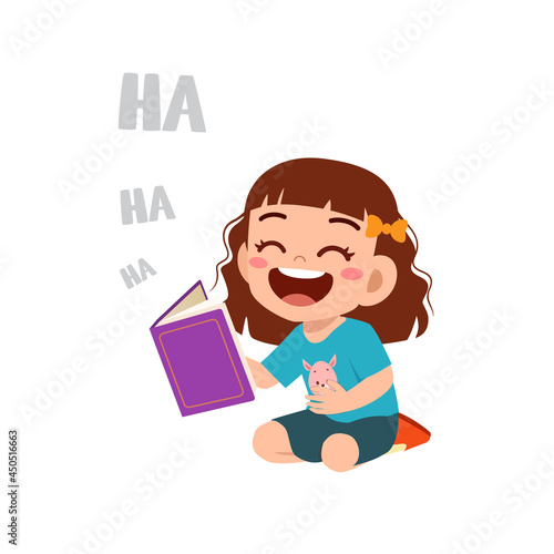 clue little girl read funny book story and laugh so hard
