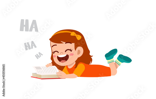 clue little girl read funny book story and laugh so hard