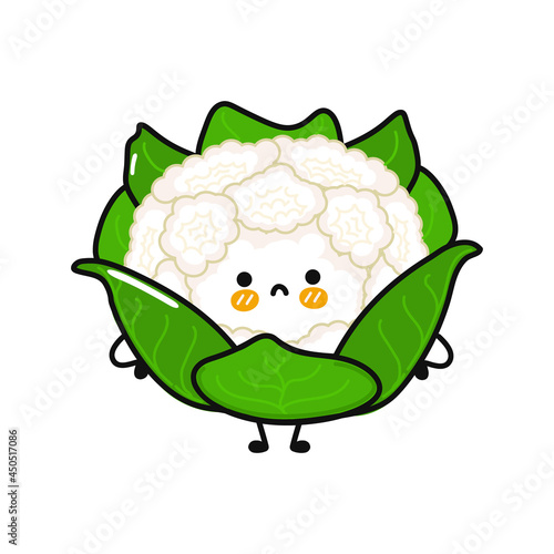 Cute sad cauliflower character. Vector hand drawn cartoon kawaii character illustration icon. Isolated on white background. Cauliflower character concept