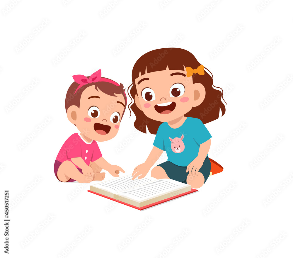 cute little girl read book with baby sister sibling together cute little girl read book with baby sister sibling together