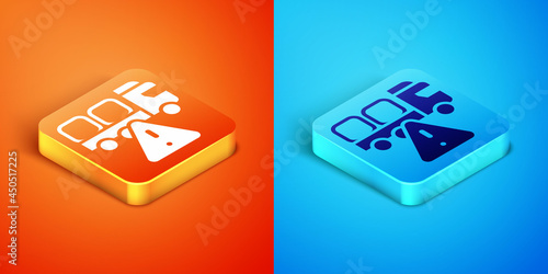 Isometric Stop delivery cargo truck vehicle icon isolated on orange and blue background. Vector