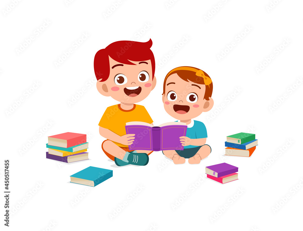 cute little boy read book with baby sister sibling together cute little boy read book with baby sister sibling together