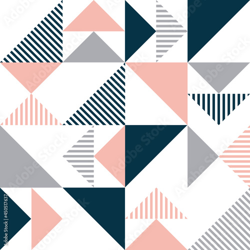 Abstract geometric illustration with blue, pink and grey triangles and stripes decoration on white background