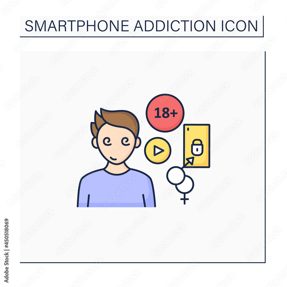 Cybersex addiction color icon. Dependence of reading erotic stories, viewing, pornography. Smartphone addiction concept. Isolated vector illustration