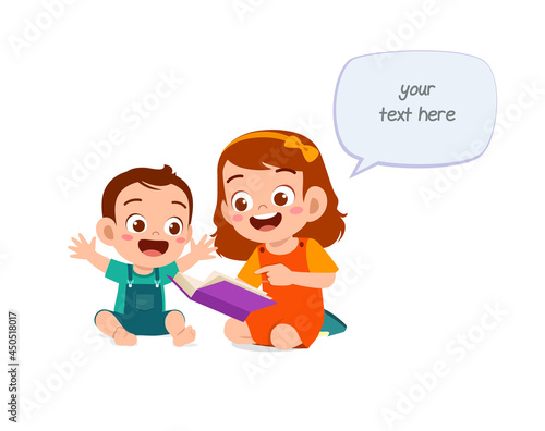 cute little girl read book with baby brother sibling together