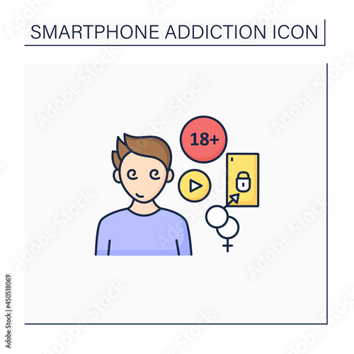 Cybersex addiction color icon. Dependence of reading erotic stories, viewing, pornography. Smartphone addiction concept. Isolated vector illustration