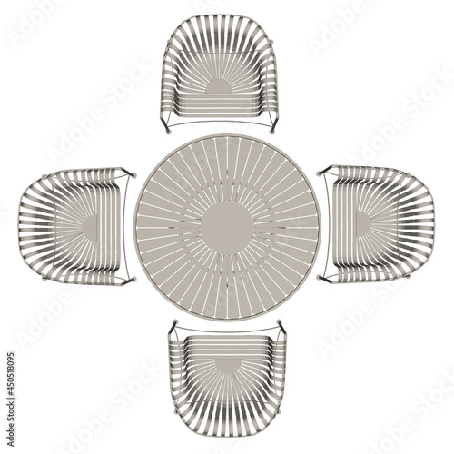 Summer table with four chairs isolated on a white background. 3D. View from above. Vector illustration