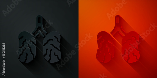 Paper cut Disease lungs icon isolated on black and red background. Paper art style. Vector