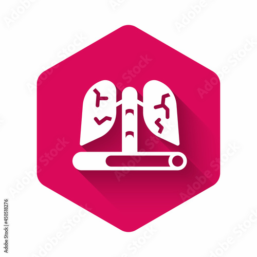 White Disease lungs icon isolated with long shadow background. Pink hexagon button. Vector