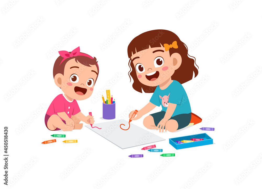 cute little girl drawing together with baby sibling cute little girl drawing together with baby sibling