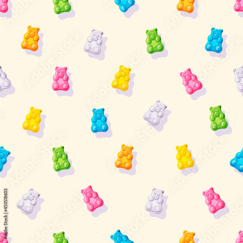 Various Gummy and Jelly Bears. Colorful Fruity and tasty Sweets and candies seamless Pattern. Cartoon style. Seamless Pattern, Background, Wallpaper. Vector illustration for printing