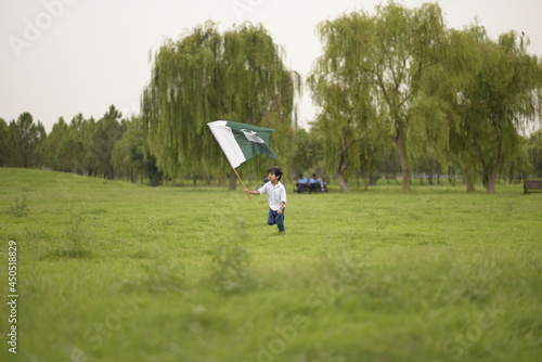 Canvas Print cheerful active little boy celebrating 14th of August, Pakistan Independence day with waving Pakistani flag