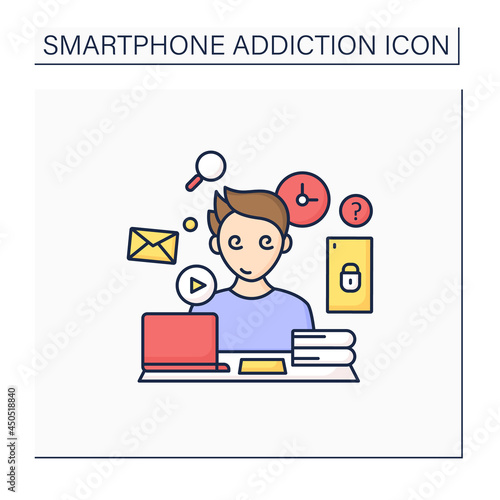 Information overload color icon. Overwhelmed with facts and data.Inability to focus in workspace.Smartphone addiction concept. Isolated vector illustration