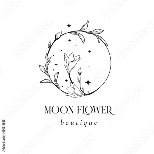 Floral Mystic Logo Design. Handdrawn blossom herbs