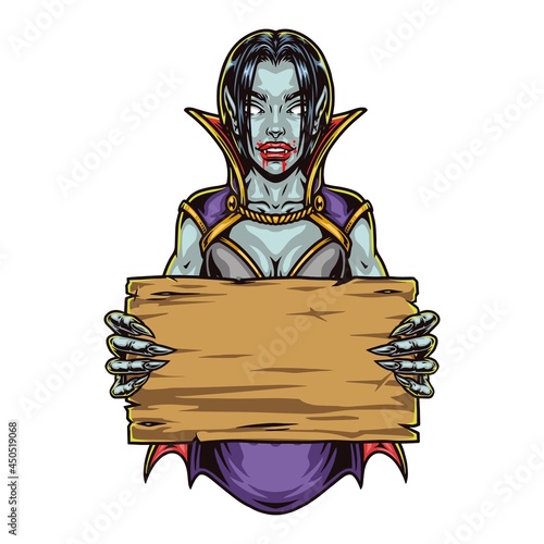 Female vampire in cape with wooden board