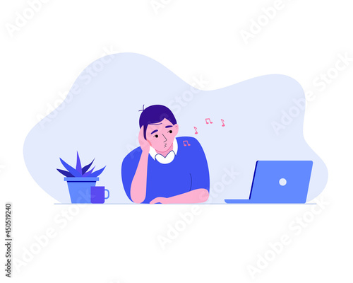 Sad bored man sitting and whistling in office with laptop, plant, cup of coffee at the desk. Long work day concept. Vector illustration cartoon flat style
