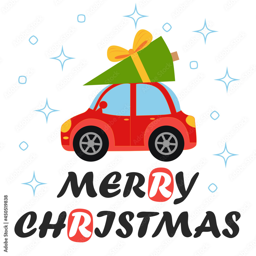 Naklejka premium Merry christmas and happy new year illustrations. Greeting card with red retro car with christmas tree