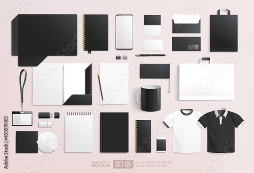 Realistic office stationary items blank mockup set for Corporate identity design. Black and white Branding clean Mock-up set. Office items and objects empty mockups with space for your design