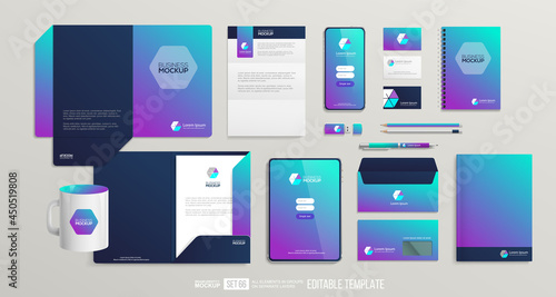 Business stationery mockup set of office items with branding identity design. Vector stationery set. Mockup set of office supplies, letterhead blank, folder for documents, tablet and phone display
