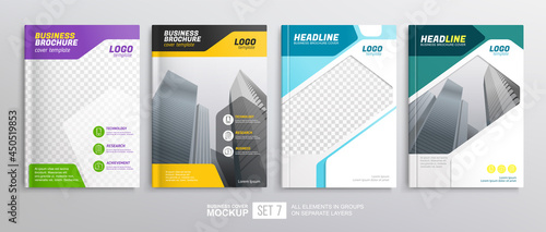 A4 business brochure or magazine cover design set on mockup template. Abstract graphics for business poster or flyer. Black, yellow and blue color book cover design. Annual report infographics