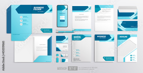 Mockup set of business stationery items with Corporate Brand Identity. Business brochure and magazine cover design. Blue and white color abstract geometric graphics on Folder, annual report cover