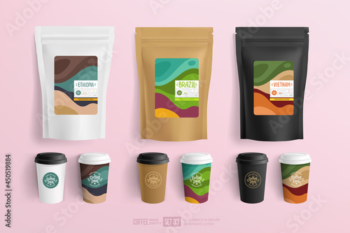 Realistic set of coffee and food zip package with branding design on mockup template . Stand-up foil pouch design with paper beverage cup. Coffee brand identity with sticker or label