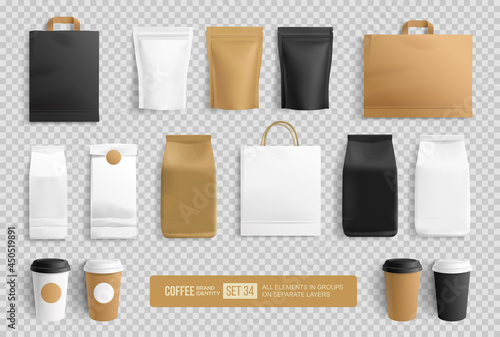 Realistic coffee or food package mockup design with shopping bag and zip foil pouch. Paper beverage cups. Paper package template for your brand identity
