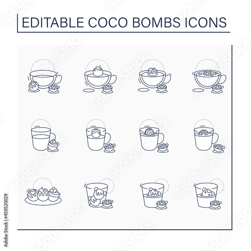 Coco bombs line icons set. Delicious dessert. Cute ball of chocolate with marshmallows filling. Chocolate sweets.Isolated vector illustrations. Editable stroke