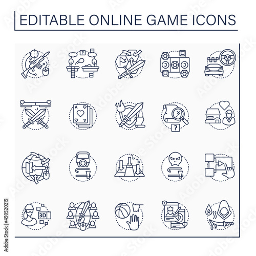 Online game line icons set. Different game types. Arcade, role play, simulation. Virtual reality. Modern technology concept. Isolated vector illustrations.Editable stroke