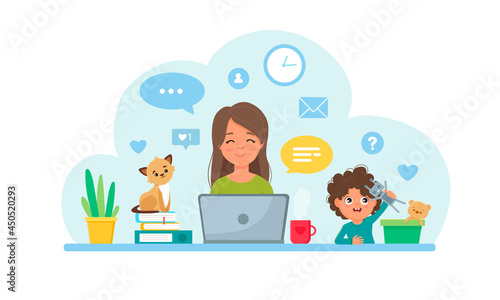 Woman working from home with kid. Vector illustration.Home office concept. Flat style.
