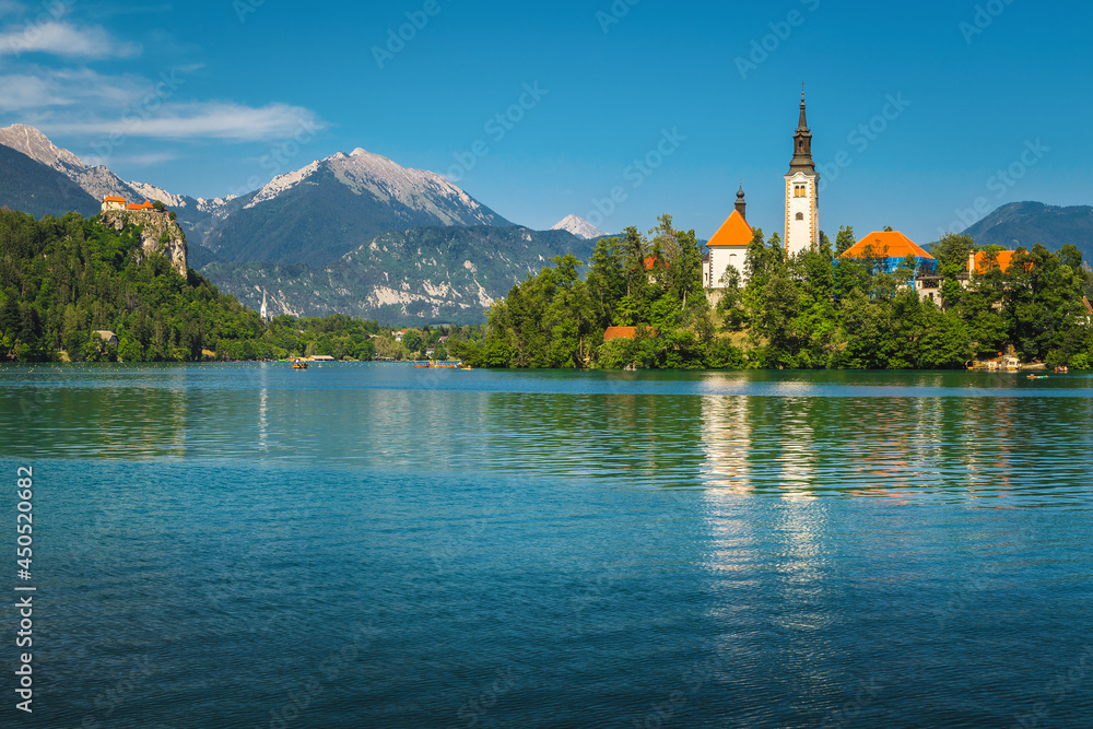 Famous church and castle on the cliff in Bled, Slovenia