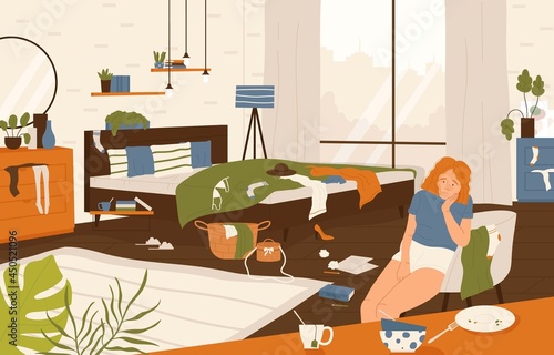 Lazy girl sitting in a messy bedroom in modern style with trash and clothing scattered on floor. Apathetic  or sad person. Mental health disorders and depression concept. Flat cartoon vector 