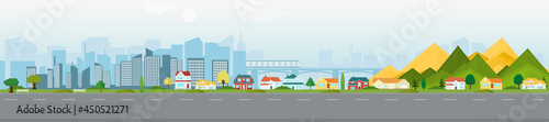 Vector poster with suburban houses and modern skyscrapers. Street view. Panoramic view.