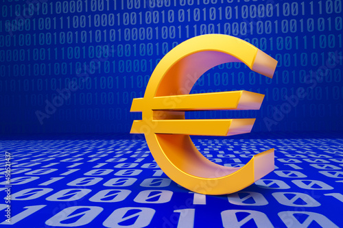 Digital euro symbol on a binary code background.